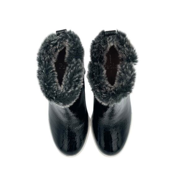 Linea Paolo Foxie Bootie Black Patent Leather Faux Fur Trim Wedge Sneakers - Picture 5 of 11